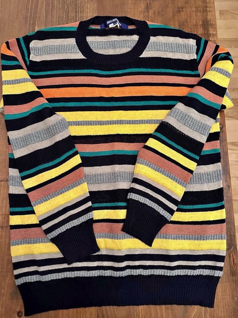 Comme des Garcons Striped Crewneck Sweater in Navy, Yellow, Teal, Gray, Rust
